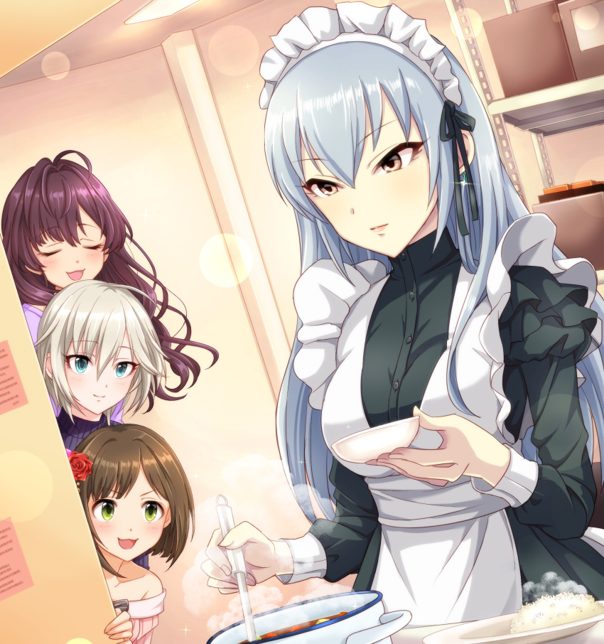 4girls :d alternate_costume apron black_ribbon black_shirt blue_eyes brown_eyes brown_hair closed_eyes closed_mouth collarbone cooking dress_shirt dutch_angle enmaided floating_hair green_eyes grey_hair hair_ribbon highres holding ichinose_shiki idolmaster idolmaster_cinderella_girls indoors lens_flare long_hair long_sleeves maekawa_miku maid maid_headdress medium_hair multiple_girls open_mouth popon_ta ribbon shirt smile takamine_noa very_long_hair white_apron