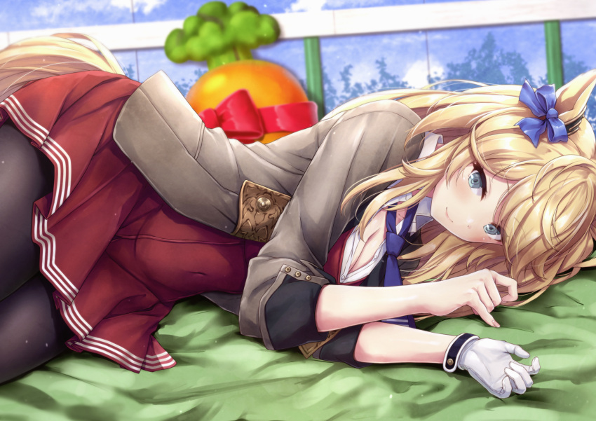 1girl animal_ears black_pantyhose blonde_hair blue_eyes blue_necktie blush breasts cleavage closed_mouth collared_shirt dress gloves gold_city_(umamusume) highres horse_ears horse_girl horse_tail large_breasts long_hair lying necktie on_side pantyhose red_dress shirt single_glove sleeves_past_elbows smile solo suien tail umamusume white_gloves white_shirt