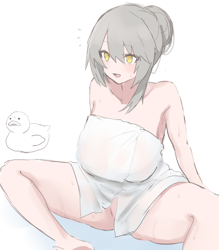 1girl breasts collarbone fang ff_frbb122 girls'_frontline grey_hair hair_between_eyes highres large_breasts naked_towel open_mouth simple_background sitting solo star-shaped_pupils star_(symbol) symbol-shaped_pupils towel ump40_(girls'_frontline) wet wet_towel white_background yellow_eyes