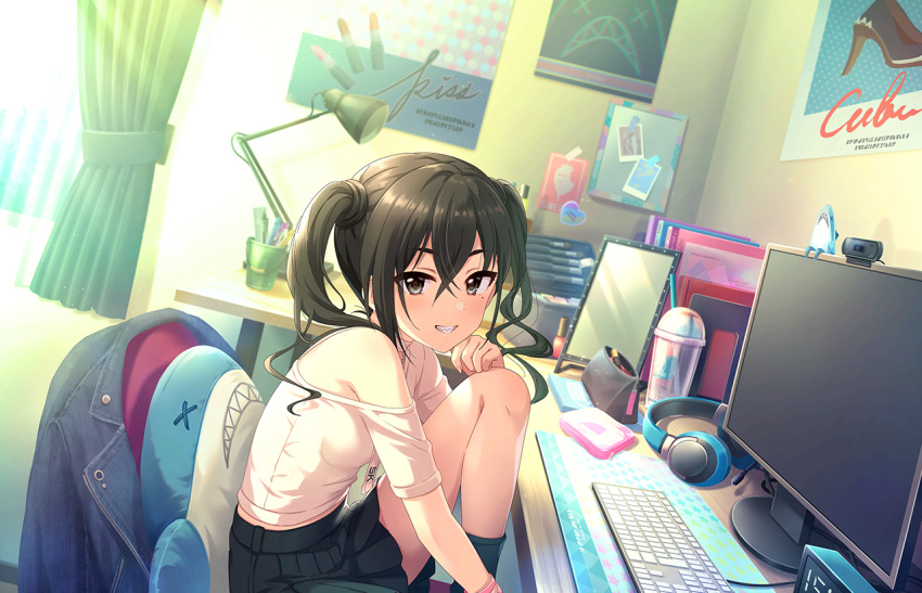 1girl bag black_skirt black_socks breasts crossed_bangs curtains desk desk_lamp dutch_angle feet_out_of_frame from_side game_cg hair_between_eyes hand_up handbag headset idolmaster idolmaster_cinderella_girls idolmaster_cinderella_girls_starlight_stage indoors jacket jacket_removed keyboard_(computer) knee_up knees_up lamp legs looking_at_viewer mirror mole mole_under_eye monitor off_shoulder official_art pleated_skirt sharp_teeth simple_background sitting skirt small_breasts socks solo stuffed_animal stuffed_shark stuffed_toy sunazuka_akira teeth thighs twintails webcam
