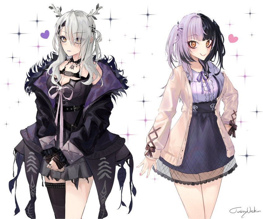 2girls antlers belt black_belt black_dress black_hair black_nails black_skirt black_thighhighs blush braid braided_bangs brown_ribbon cardigan ceres_fauna ceres_fauna_(3rd_costume) ceres_fauna_(cosplay) chest_belt choker coat cosplay costume_switch dress frilled_shirt_collar frills fur-trimmed_coat fur_trim grey_hair hair_ornament hair_ribbon hand_on_own_hip heart high-waist_skirt hololive hololive_english jewelry juicyurchin lipstick long_hair long_sleeves looking_at_viewer makeup mole mole_under_eye multicolored_hair multiple_girls open_cardigan open_clothes own_hands_together pink_nails purple_ribbon ribbon ring see-through shiori_novella shiori_novella_(cosplay) shirt single_thighhigh skirt sleeveless sleeveless_dress smile sparkle split-color_hair thighhighs two-tone_hair two_side_up virtual_youtuber white_hair white_shirt yellow_eyes