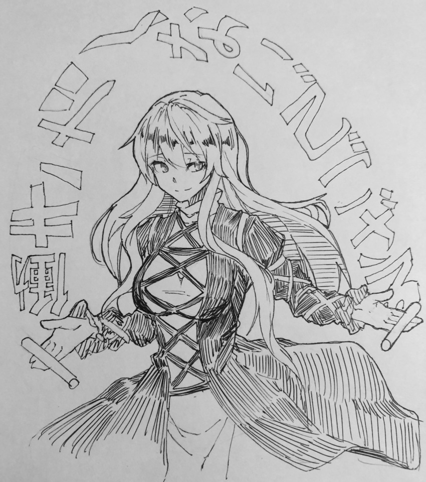1girl breasts closed_mouth commentary cross-laced_clothes dress greyscale highres hijiri_byakuren kanaria_(bocmn) long_hair long_sleeves looking_at_viewer monochrome one-hour_drawing_challenge simple_background sketch smile solo sorcerer's_sutra_scroll touhou traditional_media