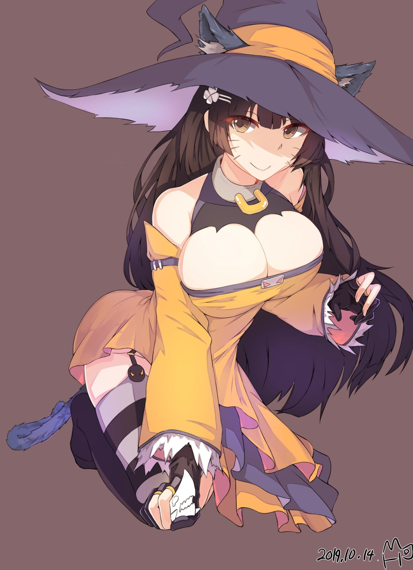 1girl alternate_costume animal_ears bad_id bad_pixiv_id black_gloves black_thighhighs breasts brown_background brown_eyes brown_hair cat_ears cat_tail cleavage closed_mouth clover_hair_ornament collar commentary_request dated detached_sleeves dress ears_through_headwear four-leaf_clover_hair_ornament garter_straps girls'_frontline gloves hair_ornament halloween_costume hat highres jwh kneeling korean_commentary large_breasts long_hair no_shoes orange_dress orange_sleeves partially_fingerless_gloves purple_headwear signature smile solo striped striped_thighhighs tail thighhighs type_95_(girls'_frontline) very_long_hair witch witch_hat