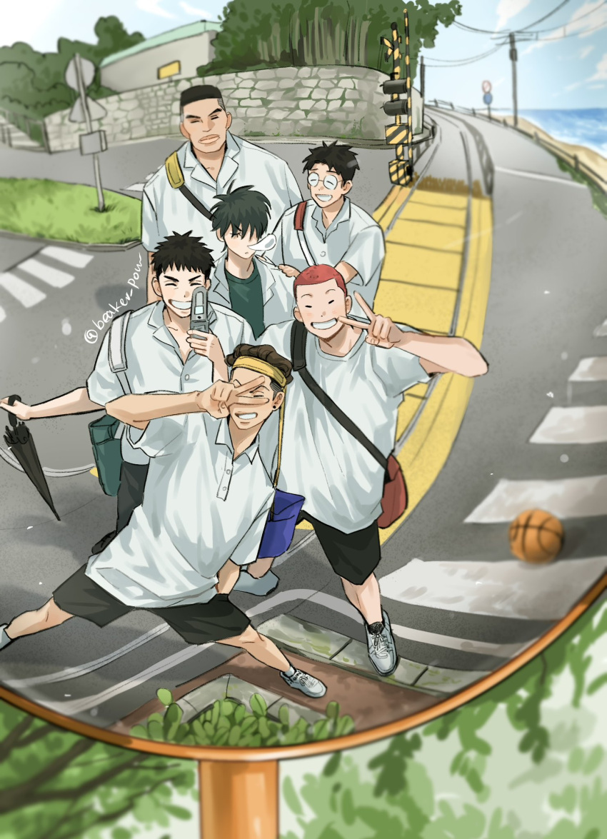 6+boys akagi_takenori ball basketball_(object) beaker_pour black_hair black_shorts black_umbrella brown_hair buzz_cut cellphone closed_eyes crosswalk day fisheye full_body glasses green_bag green_shirt hand_on_another's_shoulder headband highres holding holding_phone holding_umbrella kogure_kiminobu male_focus mirror mitsui_hisashi miyagi_ryouta multiple_boys nose_bubble open_clothes open_shirt outdoors phone red_bag red_hair rukawa_kaede sakuragi_hanamichi shirt short_hair shorts signpost slam_dunk_(series) sleeping sleeping_upright smile umbrella undercut v very_short_hair white_shirt white_sneakers yellow_headband