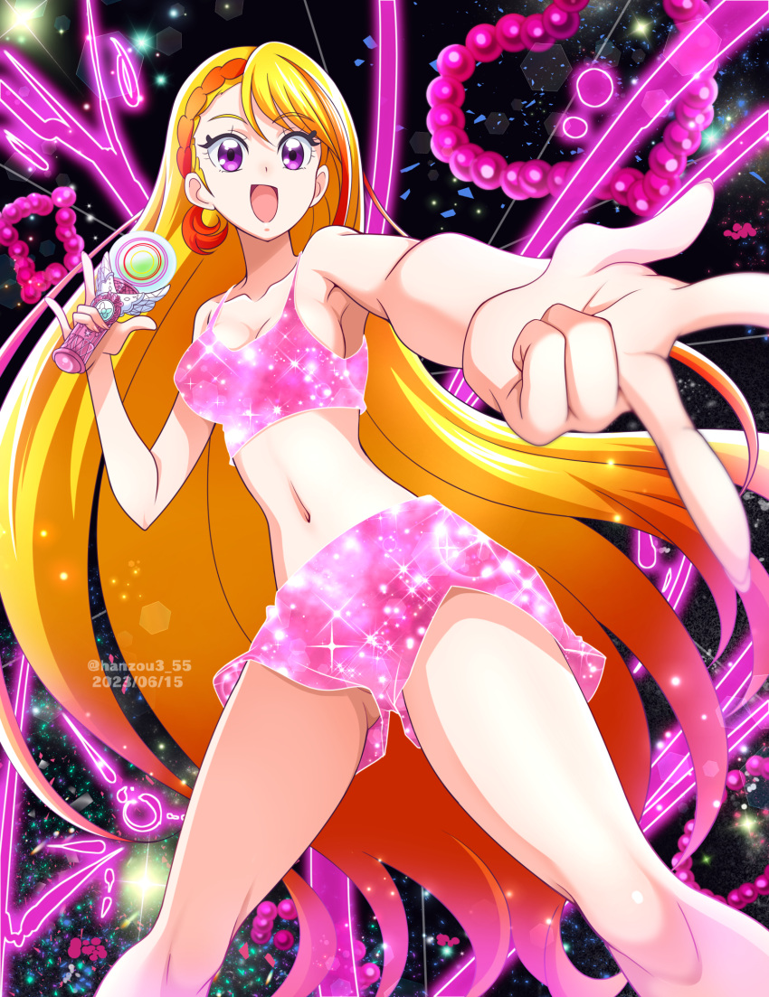 1girl :d \n/ asymmetrical_bangs blonde_hair braid braided_bangs breasts commentary cure_butterfly dated energy foreshortening gradient_hair hanzou highres hijiri_ageha hirogaru_sky!_precure holding light_particles long_hair looking_at_viewer magical_girl medium_breasts multicolored_hair open_mouth pink_hair pink_shorts pink_sports_bra pointing pointing_at_viewer precure purple_eyes red_hair short_shorts shorts sky_mirage smile solo sparkle sports_bra standing transformation twitter_username v very_long_hair