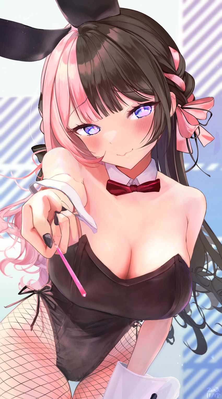 1girl absurdres animal_ears bare_shoulders black_bow black_hair black_leotard black_nails blue_eyes blunt_bangs blush bow bowtie braid breasts cleavage closed_mouth detached_collar fishnet_pantyhose fishnets foreshortening french_braid giving hair_bow head_tilt highleg highleg_leotard highres large_breasts leaning_forward leotard long_hair looking_at_viewer multicolored_hair naikon outstretched_arm pantyhose pink_bow pink_hair playboy_bunny rabbit_ears red_bow red_bowtie side-tie_leotard solo split-color_hair strapless strapless_leotard tachibana_hinano_(vtuber) traditional_bowtie two-tone_hair very_long_hair virtual_youtuber vspo! wavy_mouth wing_collar wrist_cuffs