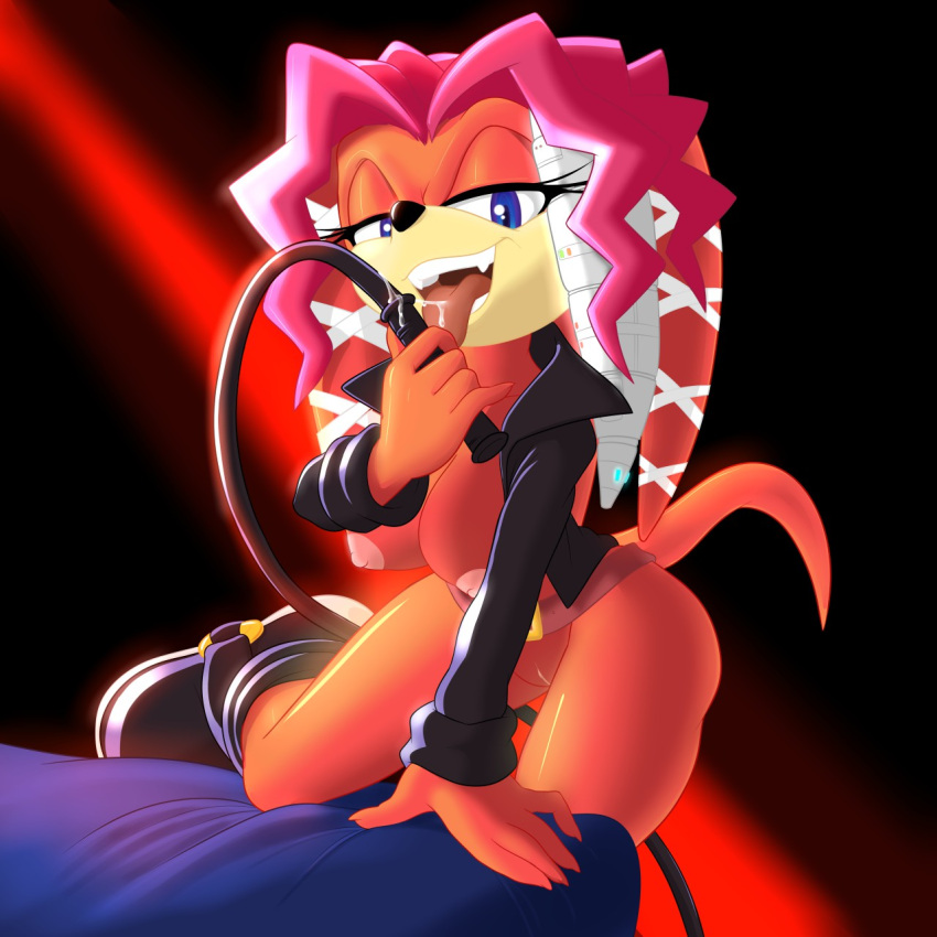 anthro archie_comics bed bedroom_eyes bodily_fluids boots bottomless breasts clothed clothing echidna exposed_breasts female footwear furniture genitals hi_res holding_object holding_whip jacket lien-da looking_at_viewer mammal monotreme narrowed_eyes pussy ravrous saliva seductive sega solo sonic_the_hedgehog_(archie) sonic_the_hedgehog_(comics) sonic_the_hedgehog_(series) topwear whip