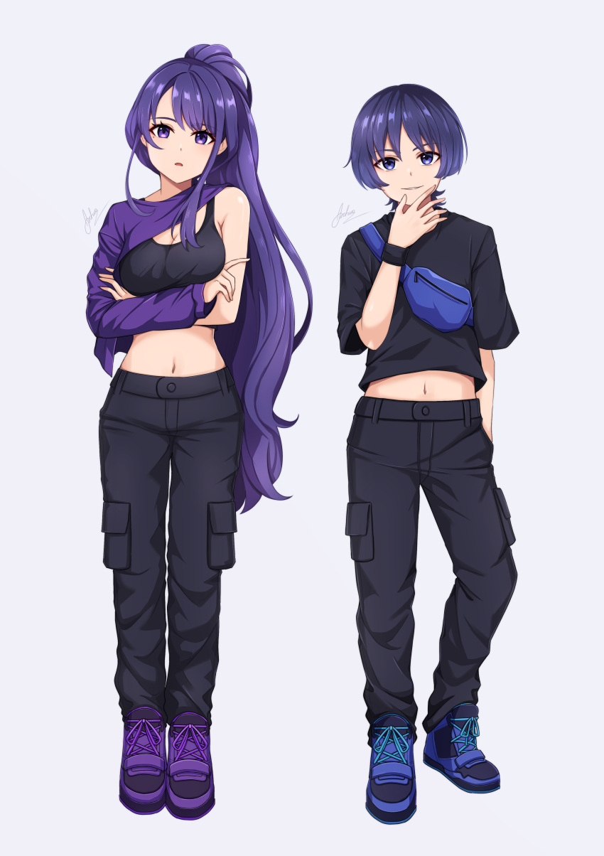 1boy 1girl absurdres alternate_costume alternate_hairstyle aoikito_lavender086 black_pants black_shirt blue_footwear commentary_request crop_top genshin_impact grey_background highres long_hair looking_at_viewer midriff navel pants parted_lips ponytail purple_eyes purple_footwear purple_hair raiden_shogun scaramouche_(genshin_impact) shirt shoes short_hair short_sleeves shrug_(clothing) simple_background single_bare_shoulder single_sleeve smile sports_bra stomach very_long_hair