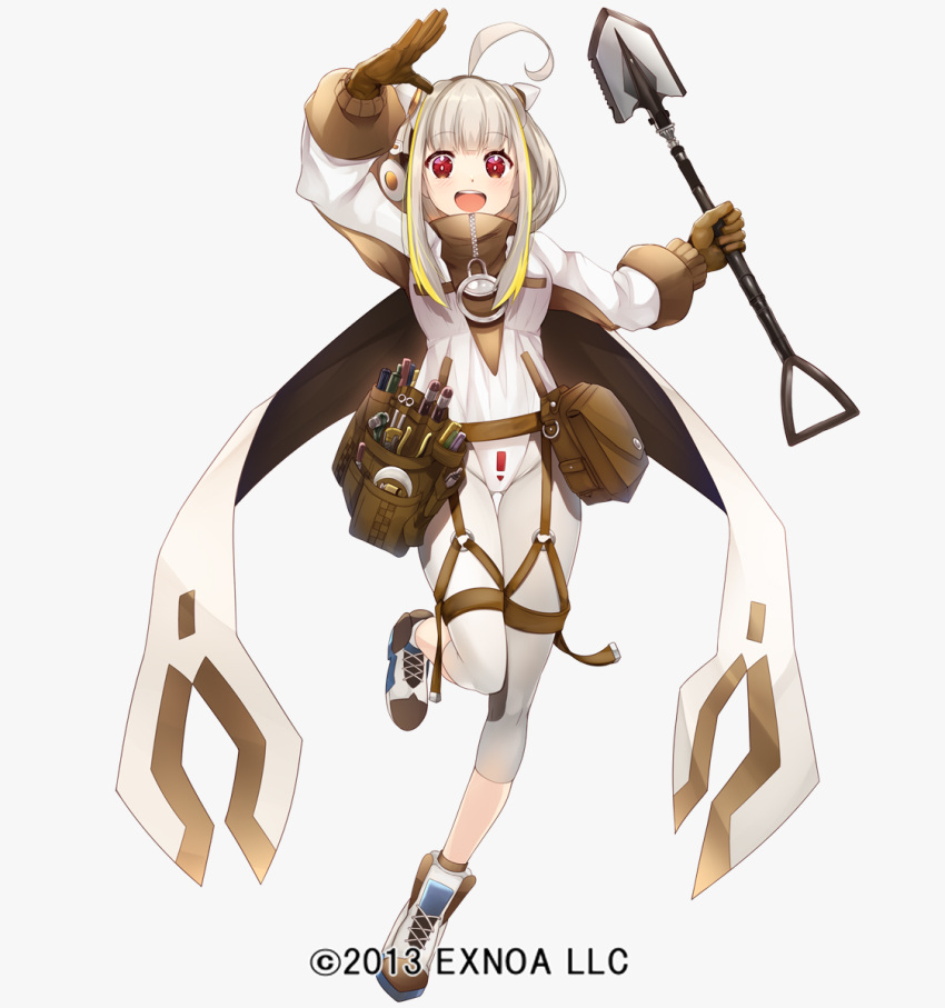 1girl :d ahoge arm_up belt blonde_hair brown_gloves full_body gloves highres hohle_(sennen_sensou_aigis) holding holding_shovel multicolored_hair official_art red_eyes sennen_sensou_aigis shoes short_hair_with_long_locks shovel smile sneakers solo standing standing_on_one_leg streaked_hair taicho128 utility_belt watermark white_background white_hair zipper