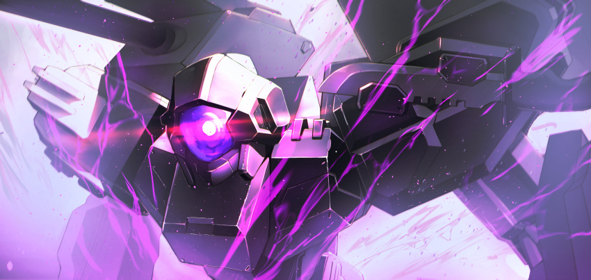 absurdres commission glowing glowing_eye highres knife leaning_forward lightning mecha no_humans one-eyed original pixiv_commission purple_background purple_eyes robot science_fiction shoulder_cannon tierla upper_body