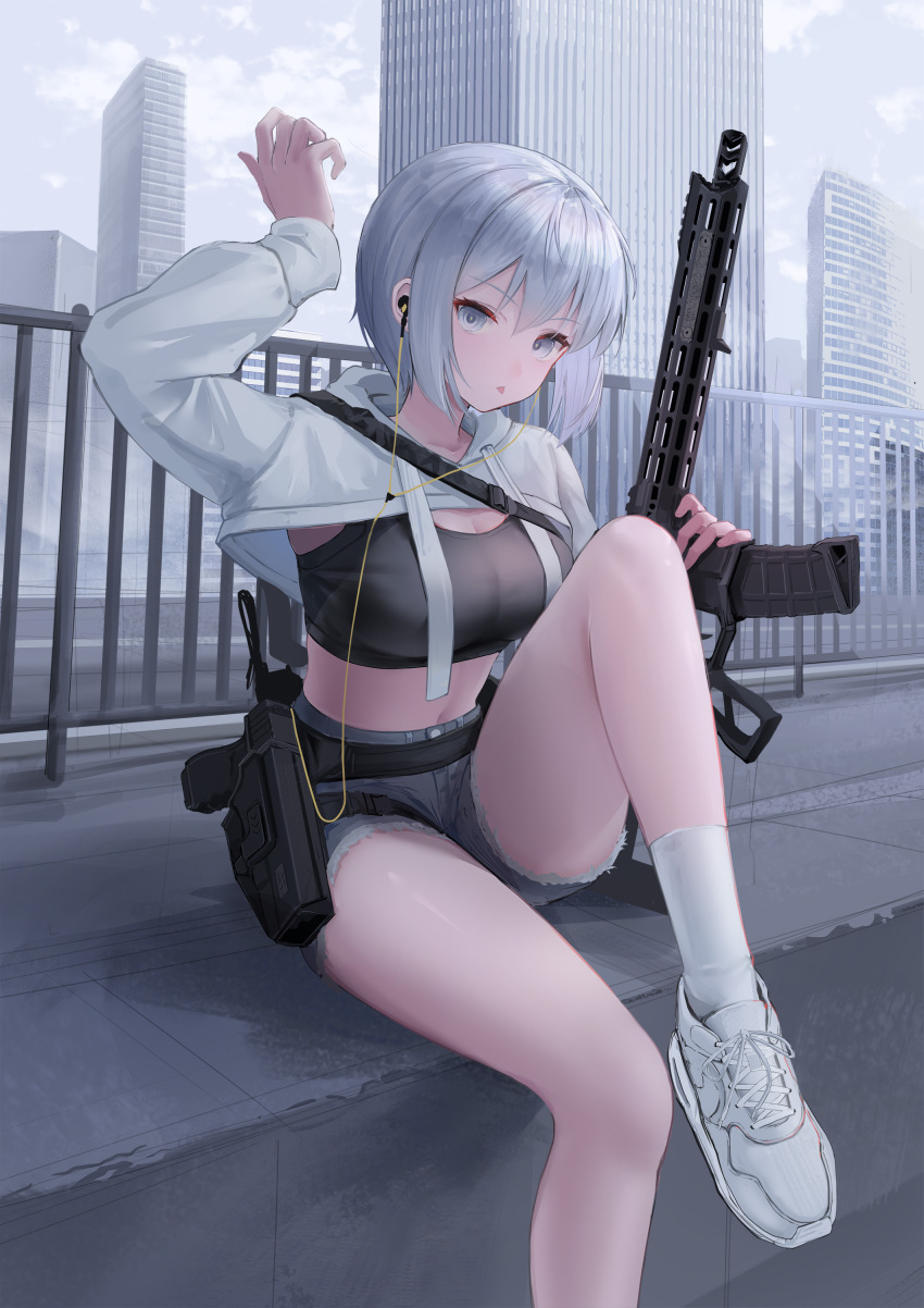 1girl absurdres arm_up black_tank_top breasts city cleavage commentary crop_top cutoffs drawstring earbuds earphones foot_out_of_frame grey_eyes grey_hair grey_shorts gun handgun highres holding holding_gun holding_weapon knee_up large_breasts looking_at_viewer midriff navel original outdoors rifle shoes short_hair short_shorts shorts shrug_(clothing) sitting sneakers socks solo sthk stomach tank_top thighs weapon white_footwear white_socks