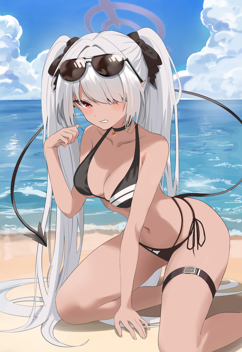 1girl absurdres beach bikini black_bikini black_bow black_choker blue_archive blue_sky bow breasts choker clenched_teeth cloud day demon_tail eyewear_on_head grey_hair hair_bow halo hand_up highres iori_(blue_archive) iori_(swimsuit)_(blue_archive) kneeling long_hair looking_at_viewer medium_breasts navel ocean outdoors pointy_ears red_eyes sky solo stagnuma stomach sunglasses swimsuit tail teeth thigh_strap thighs twintails very_long_hair