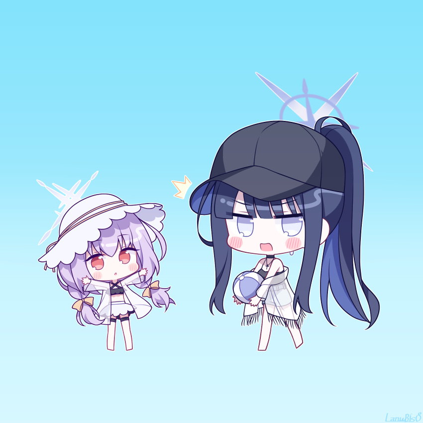 2girls ^^^ alternate_costume atsuko_(blue_archive) ball baseball_cap beachball bikini black_bikini black_headwear blue_archive blue_background blue_eyes blue_hair bow braid chibi dark_blue_hair hair_bow halo hat highres holding jacket jacket_over_swimsuit lanubis looking_at_viewer multiple_girls open_mouth parted_lips ponytail purple_hair red_eyes saori_(blue_archive) see-through see-through_jacket see-through_shawl shawl shorts simple_background skirt sun_hat sweat swimsuit twin_braids white_headwear white_skirt yellow_bow