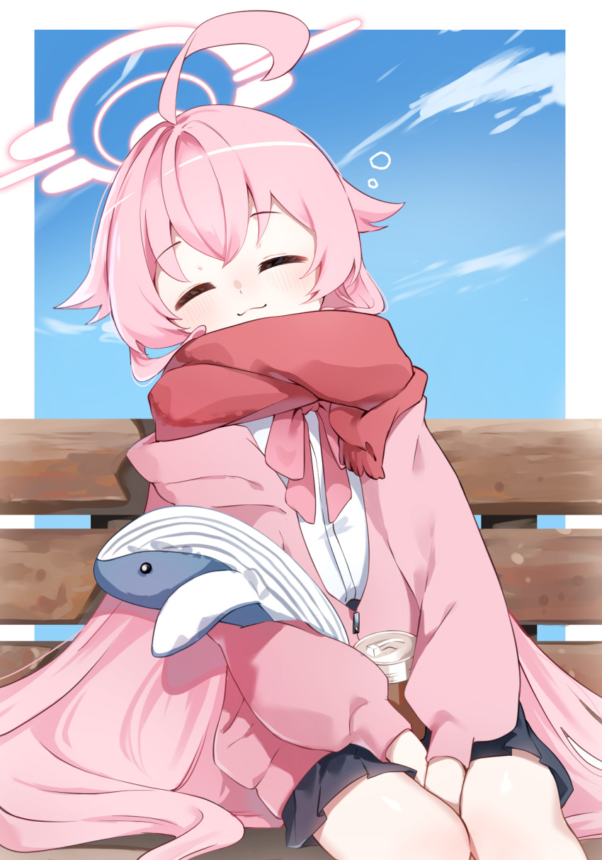 1girl azisai bench blue_archive blue_sky blush closed_eyes closed_mouth cloud halo highres holding holding_stuffed_toy hoshino_(blue_archive) jacket light_blush long_hair open_clothes open_jacket pink_hair pink_halo pink_jacket red_scarf scarf shirt sitting sitting_on_bench skirt sky sleeping sleeping_upright smile stuffed_animal stuffed_toy very_long_hair white_shirt