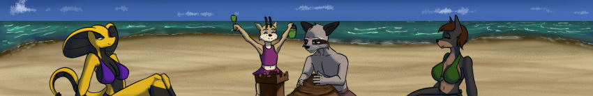 anthro beach canid canine canis cervine circe deer domestic_dog female francine_(ruanshi) group happy hi_res long_image male mammal procyonid raccoon reptile ruanshi ruanshi_(oc) sand_castle scalie sculpture sea seaside snake vacation water wide_image