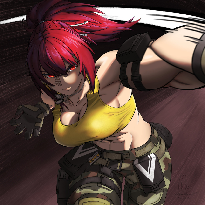 1girl abs absurdres armlet belt biceps breasts c.cha_(0kamiheart) camouflage camouflage_pants clenched_hand crop_top dog_tags gloves hairband highres leona_heidern muscular muscular_female orochi_leona pants ponytail red_eyes red_hair signature sleeveless soldier solo tank_top the_king_of_fighters the_king_of_fighters_xv twisted_torso yellow_tank_top