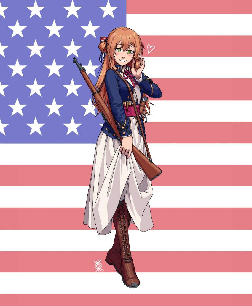 absurdres american_flag american_flag_background american_flag_print ammunition blue_shirt blush bolt_action boots breasts brown_footwear brown_hair clip_(weapon) clothes_lift collared_dress collared_shirt dress dress_lift english_commentary flag_print full_body girls'_frontline green_eyes gun hair_between_eyes hair_ribbon hair_rings hand_in_own_hair hand_up heart highres hilt large_breasts long_hair long_sleeves looking_at_viewer m1903_springfield open_clothes open_mouth open_shirt ostwindprojekt red_ribbon ribbon rifle rifle_cartridge shirt sling_(weapon) smile springfield_(girls'_frontline) thigh_boots two_side_up weapon white_dress