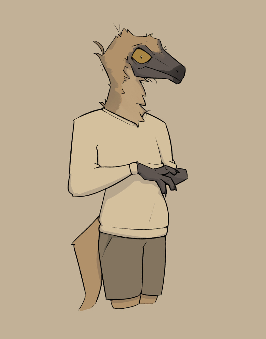 anthro bottomwear claws clothing dinosaur feathers gallimimus green_eyes hi_res looking_at_viewer male ornithomimid reptile scalie sharp_claws shorts simple_background solo sweater tail tan_body theropod topwear zagz