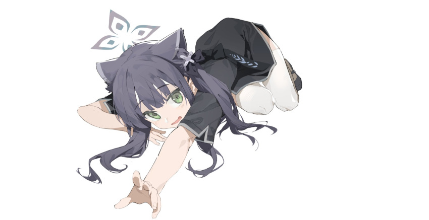 1girl aged_down animal_ears b_zhan_cm_yang bent_over black_dress black_footwear black_hair blue_archive china_dress chinese_clothes commentary dress fang green_eyes grey_halo halo highres lion_ears lion_girl looking_at_viewer open_mouth pelvic_curtain short_sleeves shun_(blue_archive) shun_(small)_(blue_archive) side_slit simple_background skin_fang solo thighhighs twintails white_background white_thighhighs