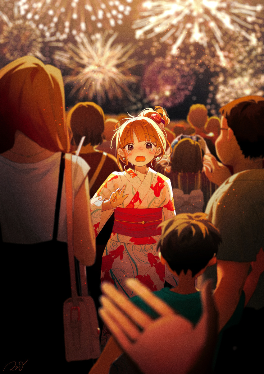 aerial_fireworks bracelet brown_eyes brown_hair crowded crying crying_with_eyes_open festival fireworks hair_bun highres japanese_clothes jewelry kimono looking_at_viewer night open_mouth original outdoors people potg_(piotegu) solo_focus tearing_up tears yukata