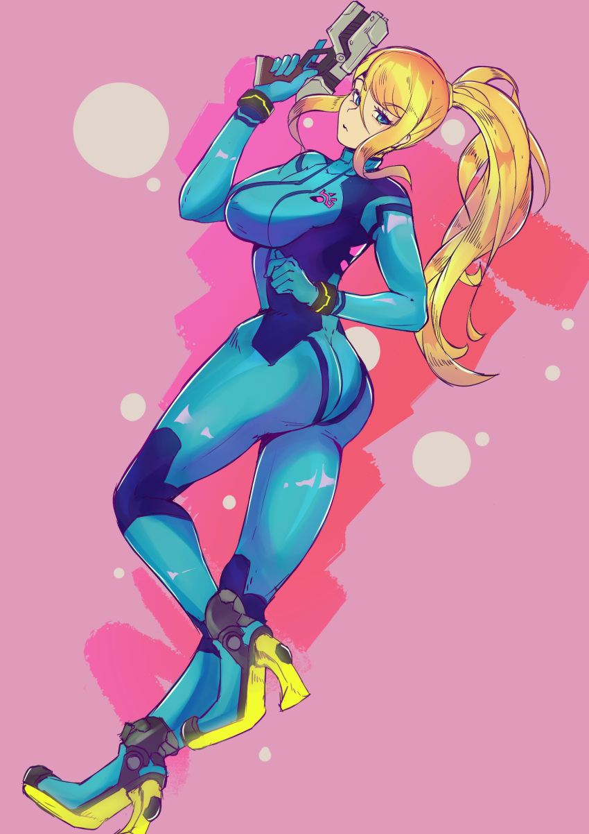 1girl absurdres ass blonde_hair blue_bodysuit blue_eyes bodysuit breasts dutch_angle full_body gun hair_between_eyes high_heels highres holding holding_gun holding_weapon impossible_bodysuit impossible_clothes looking_at_viewer metroid paralyzer ponytail samus_aran solo taobaka weapon zero_suit