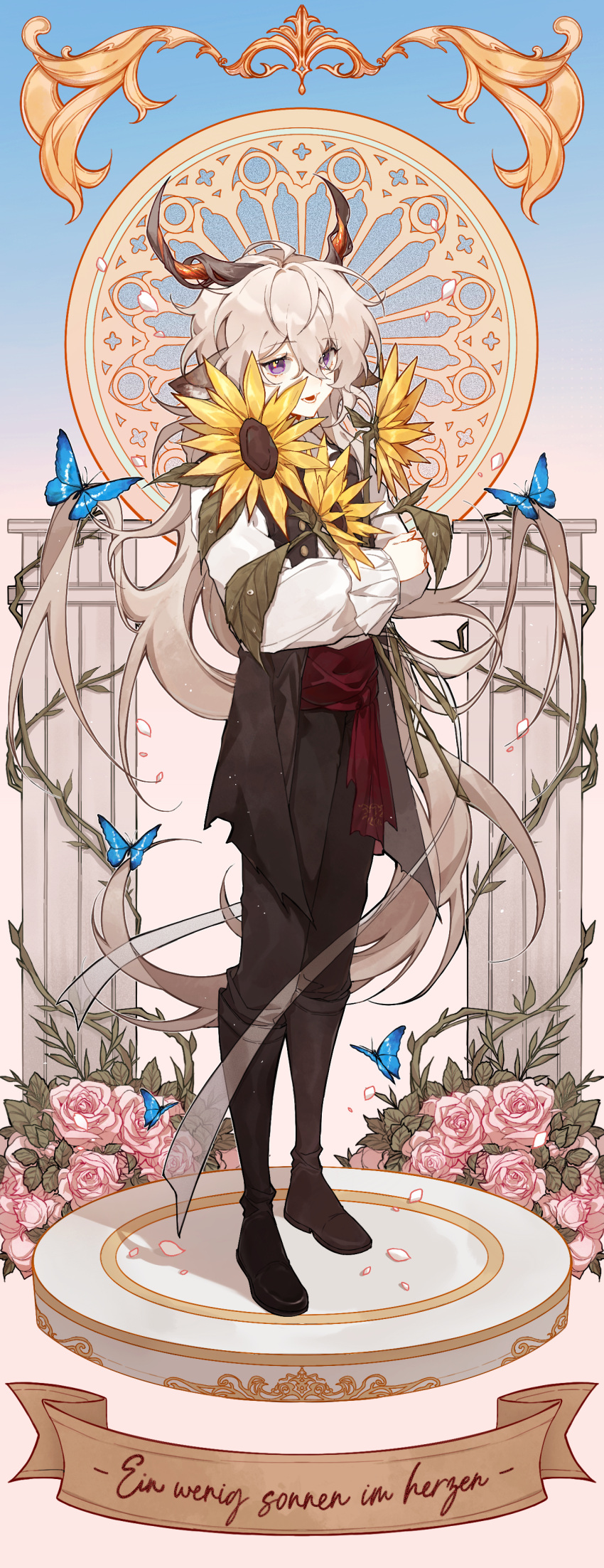 1boy :d absurdres animal_ears arknights black_footwear black_pants black_vest blue_butterfly blush boots bug butterfly flower full_body german_text goat_boy goat_ears goat_horns hair_between_eyes highres holding holding_flower horns kreide_(arknights) leaf long_hair long_sleeves lower_teeth_only luna_(carrrlio) male_focus open_clothes open_mouth open_vest pants petals pink_flower pink_rose purple_eyes rose rose_petals shirt smile solo sunflower teeth translated typo very_long_hair vest white_hair white_shirt yellow_flower