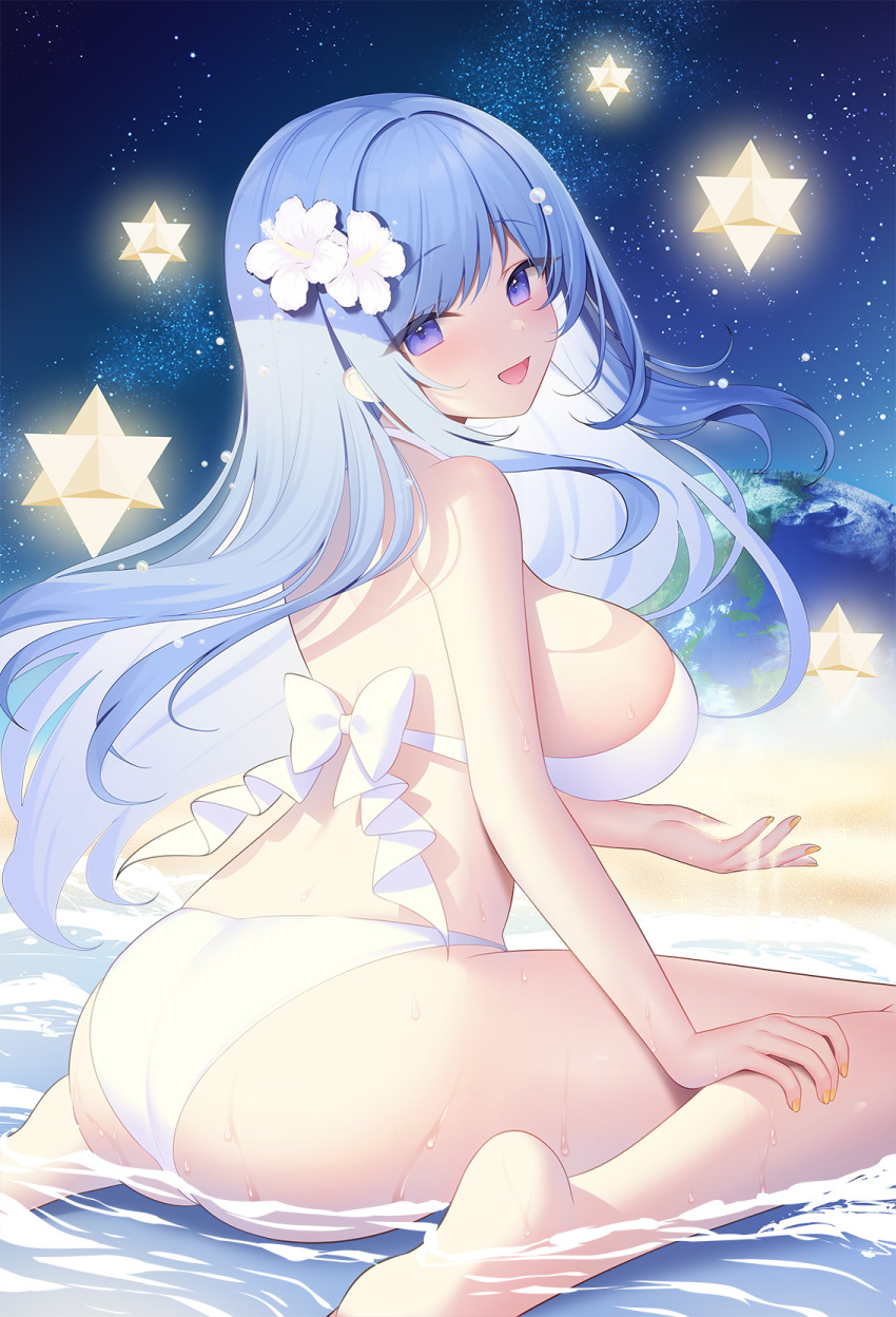 1girl ass bare_arms bare_legs bare_shoulders barefoot bikini blue_hair bow breasts emori_miku flower from_behind hair_flower hair_ornament halterneck hand_on_own_leg highres large_breasts liver_city long_hair looking_at_viewer looking_back miko_(royal_milk) nail_polish open_mouth purple_eyes second-party_source sideboob sitting skindentation small_stellated_dodecahedron smile solo swimsuit thighs wariza water wet white_bikini white_bow yellow_nails