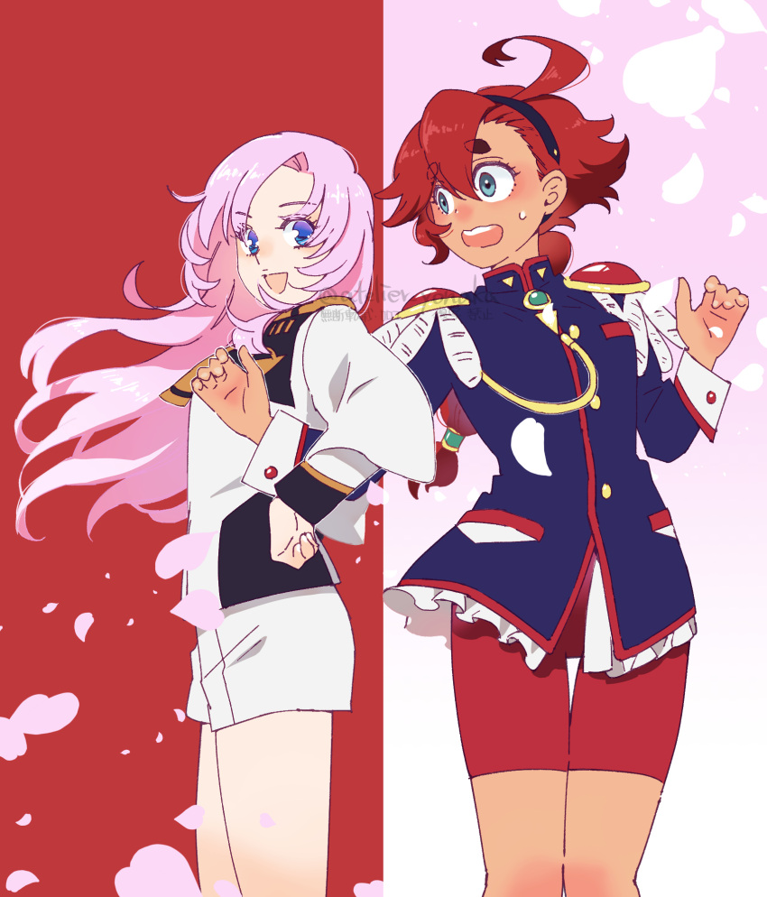 2girls ahoge asticassia_school_uniform blue_eyes cosplay costume_switch crossover gundam gundam_suisei_no_majo hairband highres light_blush locked_arms long_hair looking_at_another looking_at_viewer multiple_girls necktie ootori_gakuen_school_uniform open_mouth pink_hair ponytail red_hair school_uniform shorts shoujo_kakumei_utena simple_background smile suletta_mercury sweatdrop teeth tenjou_utena thick_eyebrows upper_teeth_only yonaka