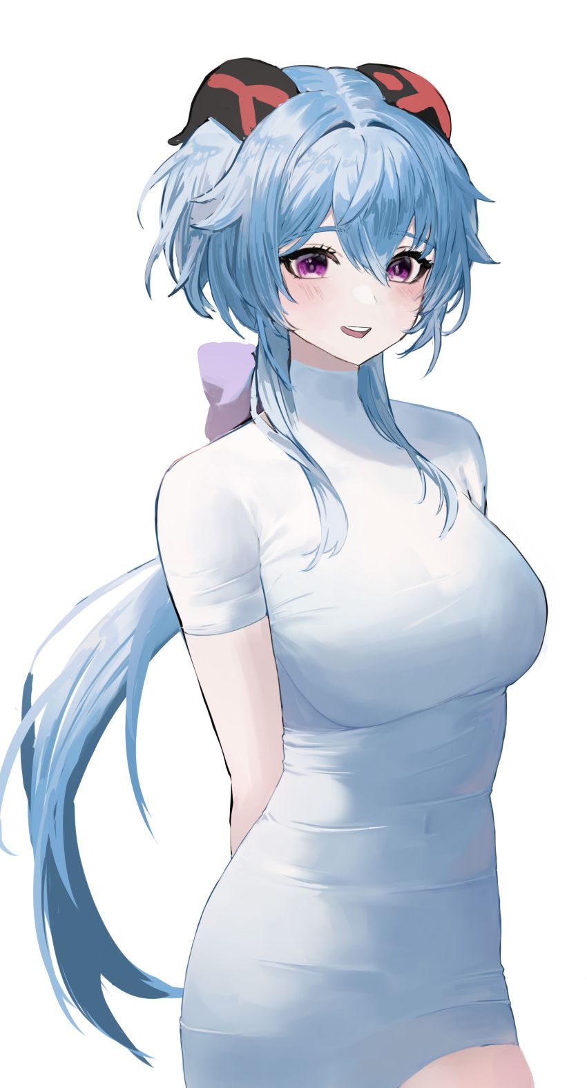 1girl :d absurdres arms_behind_back bangs blue_hair blush bodysuit bow breasts covered_navel ganyu_(genshin_impact) genshin_impact goat_horns hair_between_eyes hee_(user_ykux4248) highres horns large_breasts long_hair looking_at_viewer low_ponytail open_mouth purple_bow purple_eyes sidelocks simple_background smile solo teeth upper_body upper_teeth_only very_long_hair white_background white_bodysuit