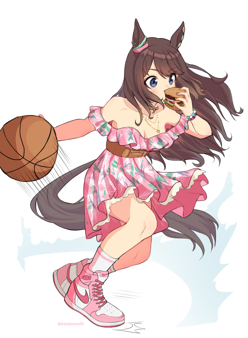 1girl ^^^ absurdres air_jordan animal_ears ball banpunsik bare_shoulders basketball_(object) blue_eyes blush bracelet breasts brown_hair burger cleavage corset dress dribbling_(basketball) eating food full_body high_tops highres holding holding_food horse_ears horse_girl horse_tail jewelry long_hair necklace off-shoulder_dress off_shoulder petticoat pink_dress pink_footwear shoes small_breasts sneakers socks solo speed_lines tail tosen_jordan_(aurore_vacances)_(umamusume) tosen_jordan_(umamusume) umamusume underwear white_background white_socks