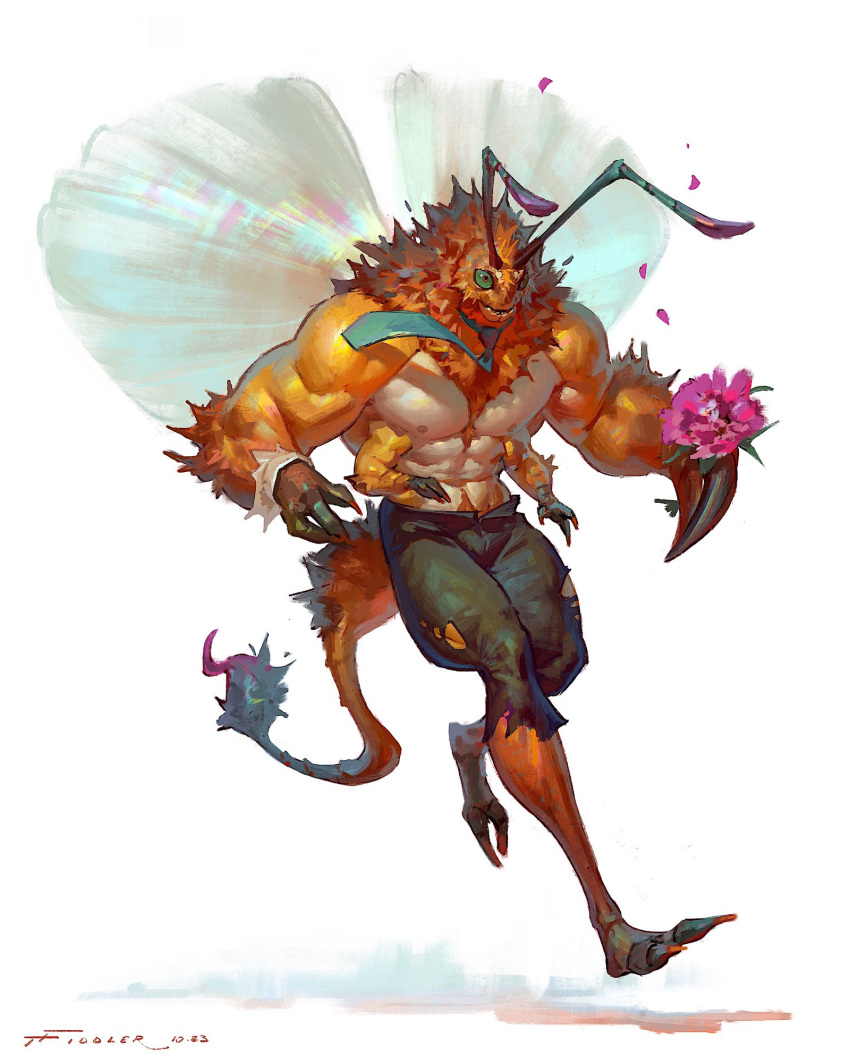 2023 4_arms abs action_pose antennae_(anatomy) anthro arachnid arthropod barazoku bee biceps biped clothed clothing digital_media_(artwork) flower flying hi_res hybrid hymenopteran insect insect_wings male multi_arm multi_limb muscular muscular_anthro muscular_male necktie nipples non-mammal_nipples pecs plant pose scorpion simple_background solo tail taran_fiddler topless were white_background wings