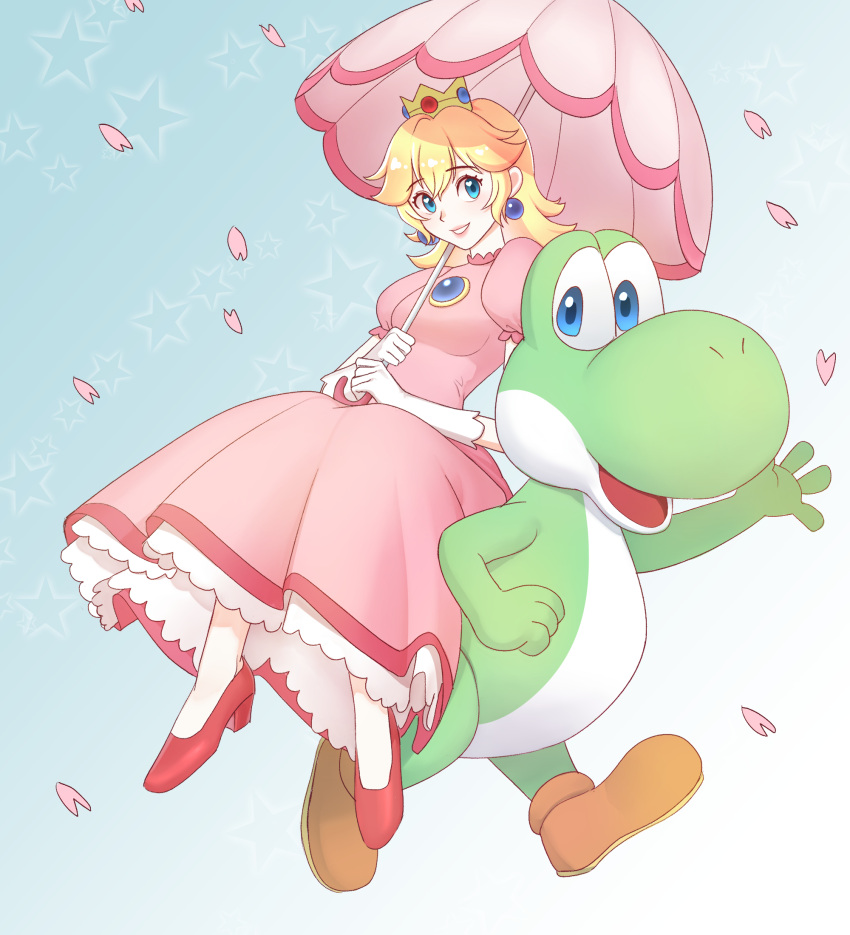 1girl blonde_hair blue_eyes breasts brown_footwear crown dress earrings gloves hair_between_eyes high_heels highres holding holding_umbrella jewelry mario_(series) open_mouth parasol petals pink_dress princess_peach red_footwear sitting small_breasts smile soma_(zaaaaahaaaaaz) umbrella white_gloves yoshi