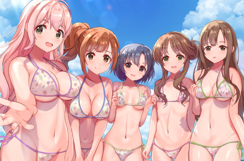 5girls bikini black_hair blush breasts brown_eyes brown_hair cleavage cloud cloudy_sky collarbone glyn070605a highres idolmaster idolmaster_cinderella_girls idolmaster_cinderella_girls_starlight_stage igarashi_kyoko large_breasts long_hair looking_at_viewer medium_breasts mizumoto_yukari multiple_girls navel open_mouth pink_hair saionji_kotoka shiragiku_hotaru short_hair side_ponytail sky small_breasts smile swimsuit takamori_aiko