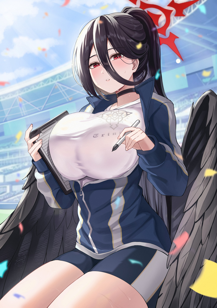 1girl absurdres art_rat black_choker black_hair black_wings blue_archive blush breasts choker gym_uniform hair_between_eyes halo hasumi_(blue_archive) hasumi_(track)_(blue_archive) highres huge_breasts jacket large_breasts large_wings long_hair looking_at_viewer mole mole_under_eye official_alternate_costume outdoors ponytail red_eyes shirt shorts solo track_jacket white_shirt wings