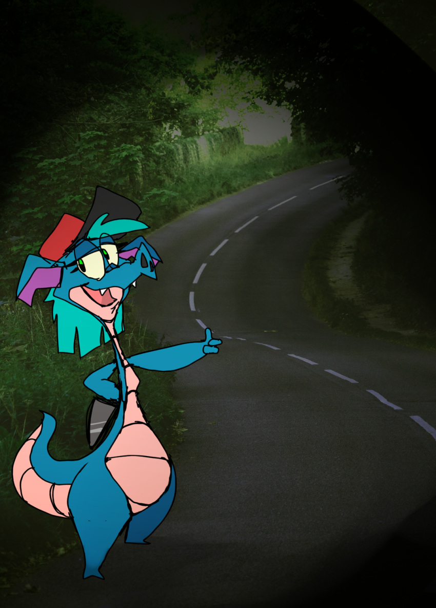 anthro belly blue_body disney fan_character female gesture hi_res hitchhiking looking_at_viewer photo_manipulation road rocca_the_dragon roksim solo thumbs_up