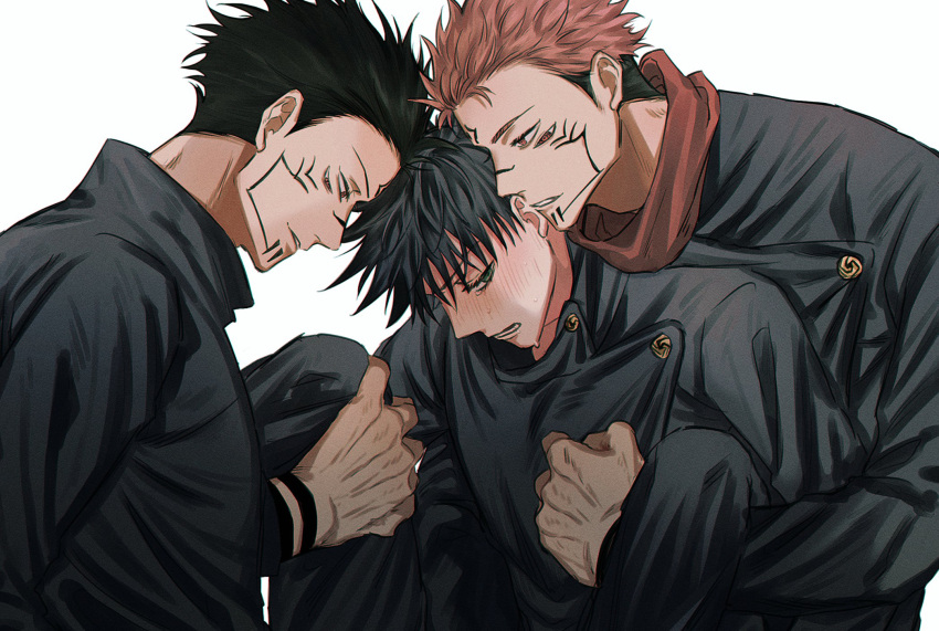 3boys arm_tattoo black_hair black_jacket black_pants blush buttons dual_persona extra_eyes facial_tattoo full-face_blush fushiguro_megumi fushirun_rung green_eyes high_collar highres hood hood_down hoodie jacket jujutsu_kaisen korean_commentary leg_hold long_sleeves looking_at_another male_focus multiple_boys pants pink_hair red_eyes ryoumen_sukuna_(jujutsu_kaisen) school_uniform short_hair spiked_hair spread_legs sweatdrop tattoo teeth undercut white_background yaoi