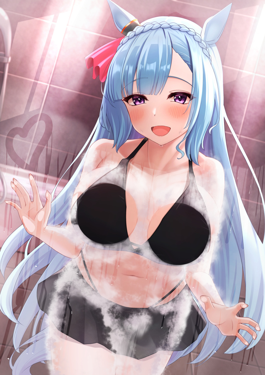 1girl absurdres against_glass animal_ears arugou bikini bikini_skirt black_bikini blue_hair blush braid breast_press breasts breasts_on_glass commentary_request commission heart highres horse_ears horse_girl large_breasts long_hair mejiro_ardan_(umamusume) open_mouth pink_eyes shower_(place) skeb_commission soap soap_bubbles solo swimsuit umamusume