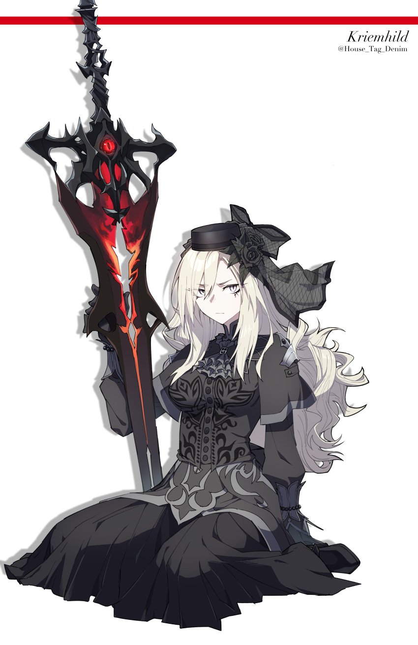 1girl absurdres ascot black_capelet black_dress black_footwear black_gloves black_headwear boots breasts capelet character_name dress fate/grand_order fate_(series) gloves grey_eyes hair_between_eyes hat highres house_tag_denim kriemhild_(fate) kriemhild_(first_ascension)_(fate) large_breasts long_hair long_sleeves looking_at_viewer mole mole_under_eye sitting slit_pupils solo sword wavy_hair weapon white_hair