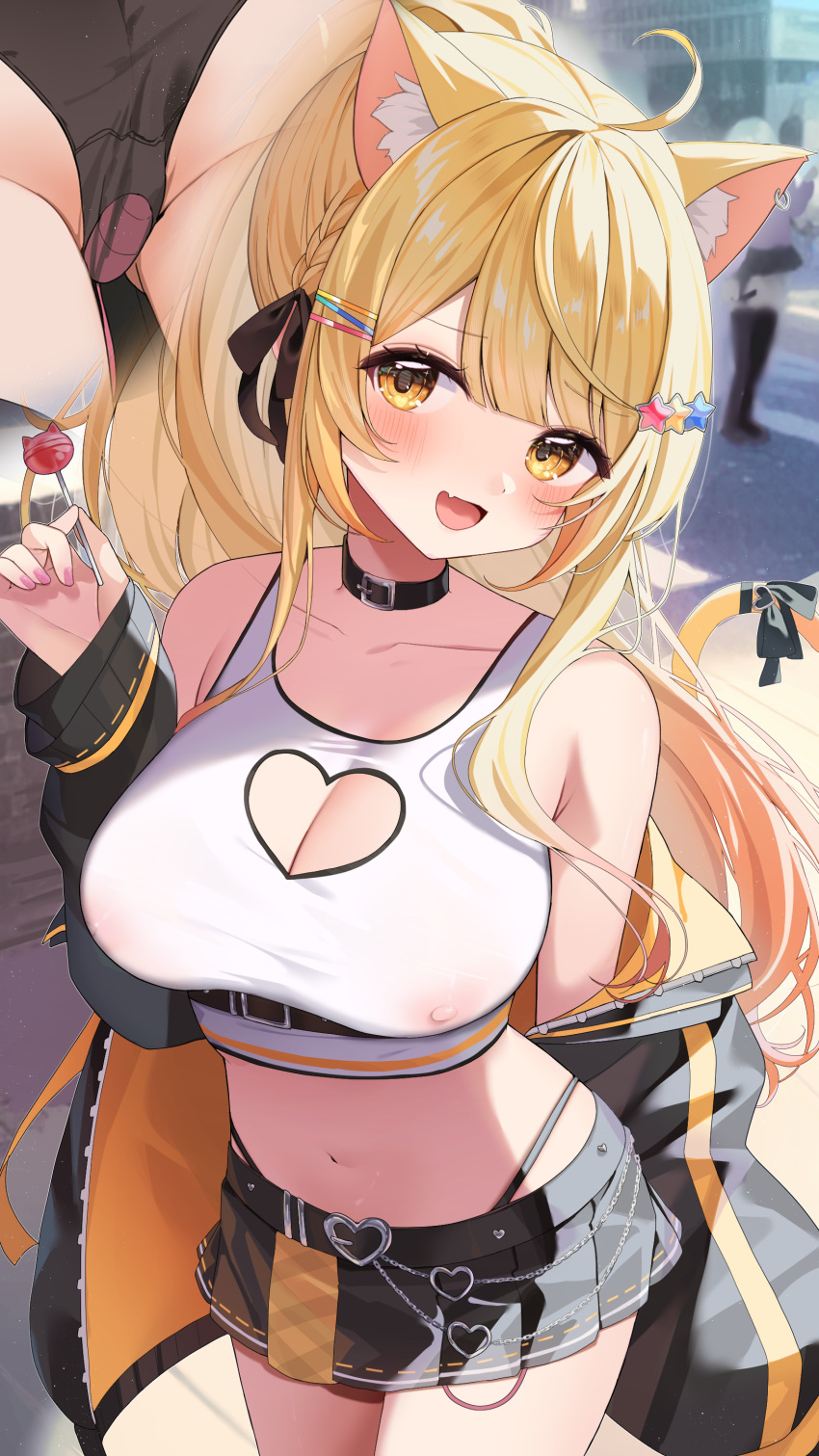 1girl aamana0 absurdres ahoge animal_ear_fluff animal_ears bare_shoulders black_choker black_jacket black_panties black_skirt blonde_hair blush breasts candy cat_ears cat_girl cat_tail choker cleavage cleavage_cutout clothing_cutout collarbone commentary_request covered_nipples cowboy_shot crop_top egg_vibrator fang food hair_ornament hand_up heart_cutout highres holding holding_candy holding_food holding_lollipop hololive jacket large_breasts lollipop long_hair looking_at_viewer miniskirt multiple_views navel off_shoulder official_alternate_costume open_clothes open_jacket open_mouth outdoors panties pink_nails pleated_skirt ponytail see-through see-through_shirt sex_toy sidelocks skin_fang skirt smile star_(symbol) star_hair_ornament stomach tail tank_top underwear upskirt vibrator virtual_youtuber white_tank_top yozora_mel