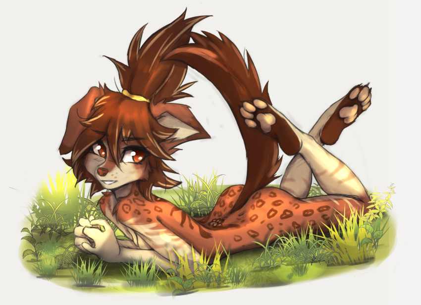 2023 4_toes absurd_res anthro breasts butt character_request claws digital_media_(artwork) feet felid female female_anthro fur grass hair hi_res kemono looking_at_viewer lying mammal multicolored_body multicolored_fur nude on_front pawpads paws plant plantigrade small_breasts soles solo species_request tail tinygaypirate toe_claws toes