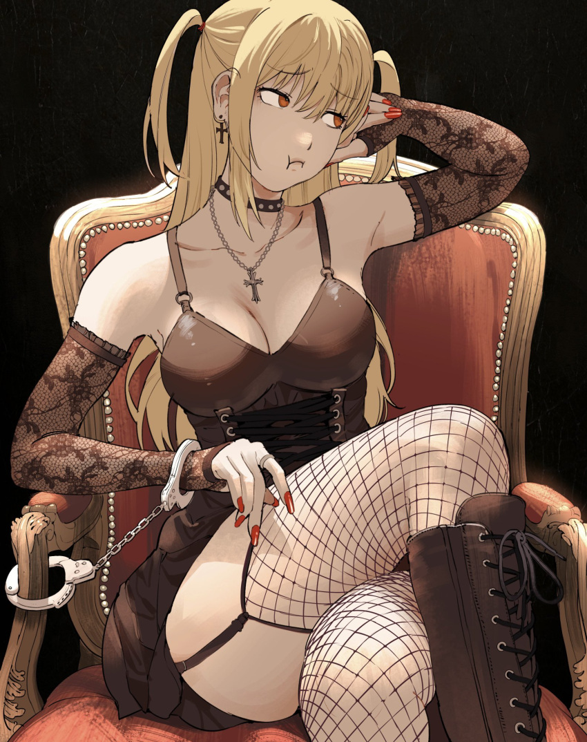 1girl :i amane_misa bare_shoulders black_background black_dress black_footwear black_thighhighs blonde_hair boots breasts chair choker cleavage cross cross_earrings cross_necklace crossed_legs cuffs death_note dress earrings fishnet_thighhighs fishnets garter_straps giganticbuddha gothic hair_between_eyes handcuffs highres jewelry knee_boots large_breasts long_hair looking_to_the_side nail_polish necklace pout red_eyes red_nails sitting solo thighhighs two_side_up