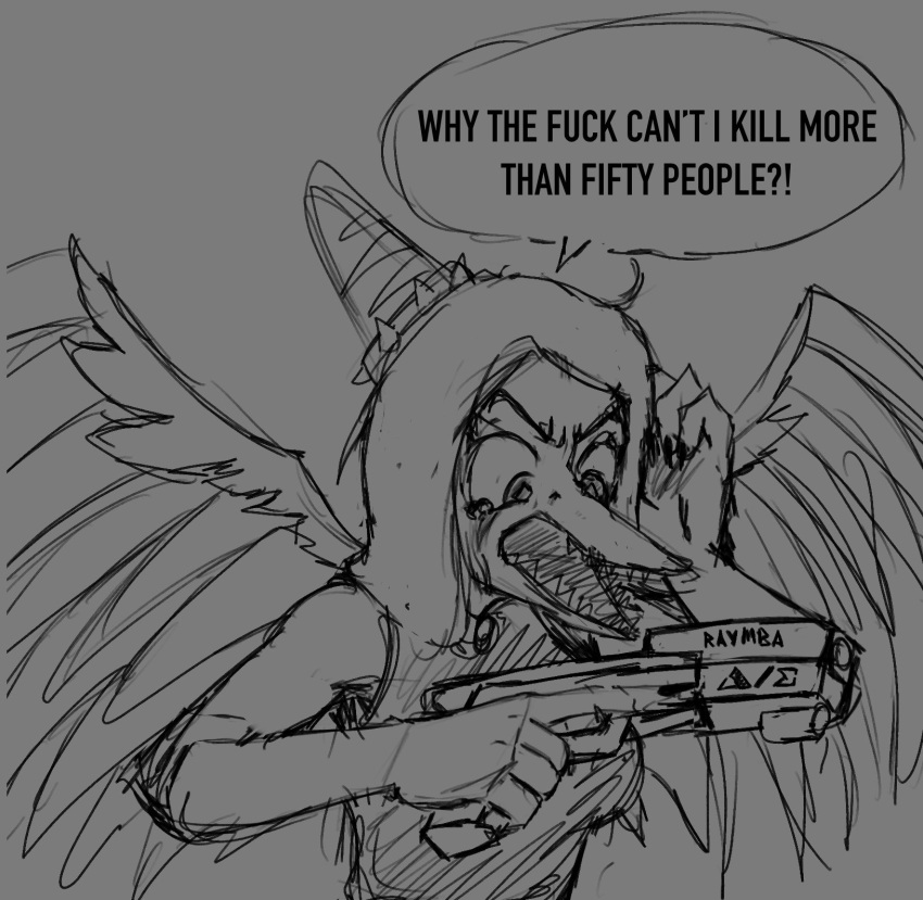 2023 anthro black_and_white claws dialogue dinosaur english_text fang_(gvh) feathered_wings feathers female fingers goodbye_volcano_high gun hair halter_top hi_res jacket_ignites long_hair metal_gear_raymba monochrome open_mouth profanity pterodactylus pterosaur ranged_weapon reptile scalie sharp_teeth snoot_game snout solo teeth text weapon wings