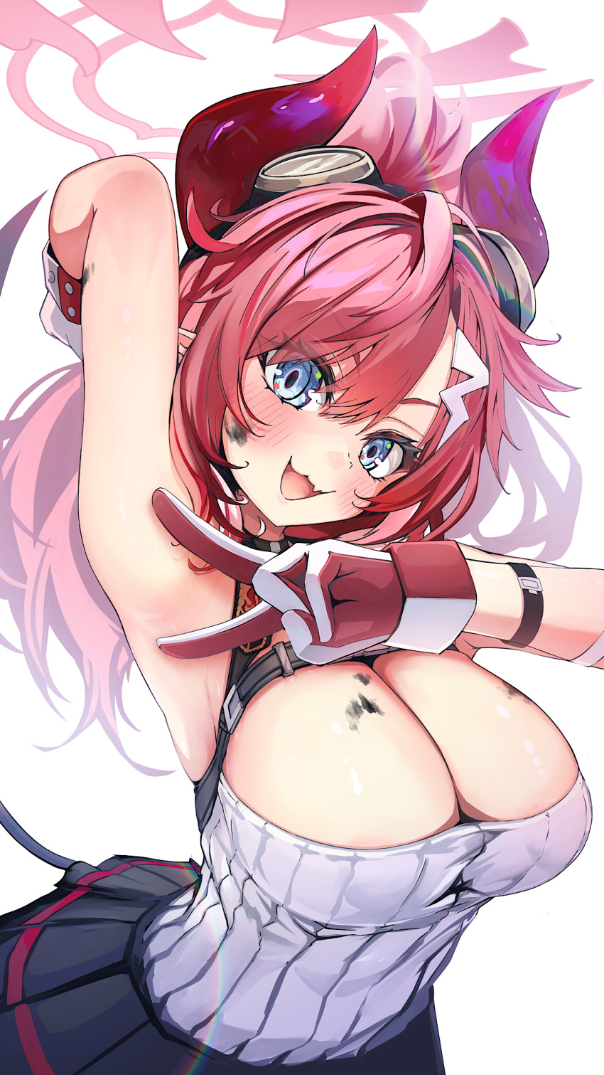 1girl arm_up armpits black_skirt blue_archive blue_eyes blush breasts choker cleavage curled_horns demon_girl demon_horns demon_tail dirty fang goggles goggles_on_head hair_ornament halo highres horns kajimakoto large_breasts long_hair looking_at_viewer megu_(blue_archive) open_mouth paid_reward_available pointy_ears ponytail red_hair red_horns ribbed_shirt ribbed_tank_top shirt simple_background skirt sleeveless smile solo tail two-tone_gloves v white_background