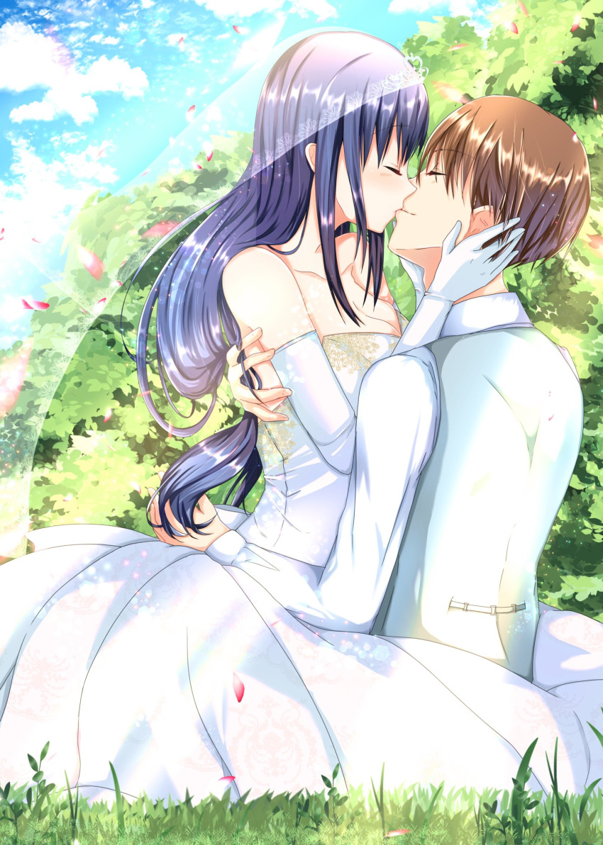 1boy 1girl arm_around_back arm_around_waist bare_shoulders black_hair blue_sky blush breasts bridal_veil brown_hair cleavage closed_eyes closed_mouth collarbone commentary_request couple day dress elbow_gloves falling_petals from_side full_body gloves grass hair_between_eyes hand_on_another's_cheek hand_on_another's_face hand_on_another's_head happy hetero highres hug kiss kiss_day kushima_kamome large_breasts long_dress long_hair long_sleeves on_grass outdoors petals profile short_hair sidelocks sitting sky smile straight_hair suit summer_pockets sunlight takahara_hairi veil very_long_hair wedding wedding_dress white_dress white_gloves white_suit yaki-ayato