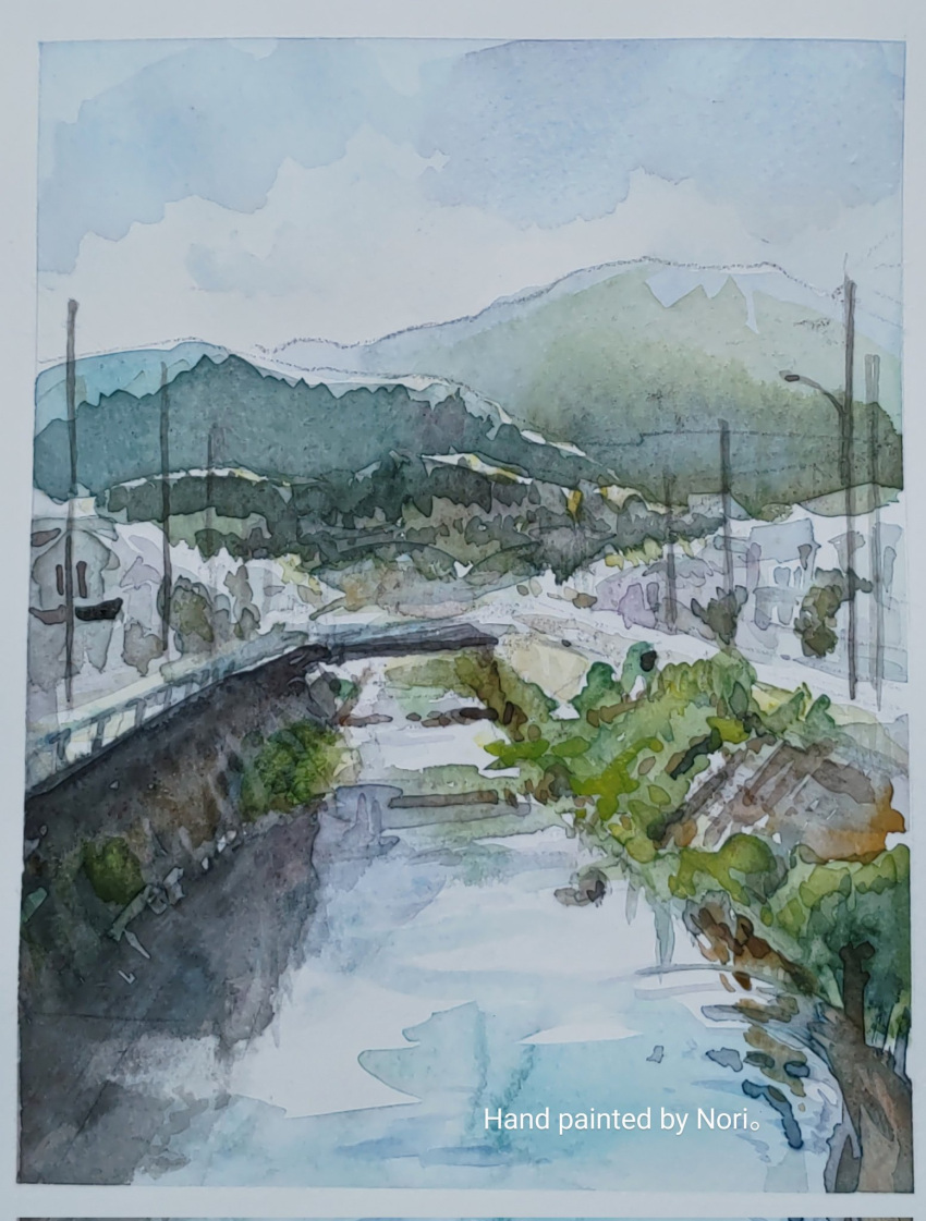 blue_sky bridge building canal day english_text highres lamppost mountain mountainous_horizon no_humans nori02222 original painting_(medium) plant power_lines shadow sky sunlight town traditional_media utility_pole water watercolor_(medium)