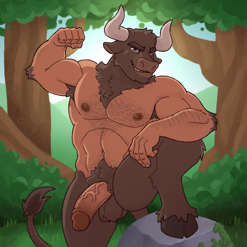 2023 abs absurd_res anthro arm_hair arm_tuft balls biceps blue_eyes body_hair bovid bovine chest_hair elbow_tuft erection european_mythology fist flexing flexing_bicep forearm_hair forearms genitals greek_mythology grin grinning_at_viewer hi_res horn knee_up looking_at_viewer male mammal manly minotaur muscular mythology navel nipples nude outside pecs penis plant pubes puri_porn raised_knee raised_leg rock smile solo tree triceps tuft vein veiny_penis