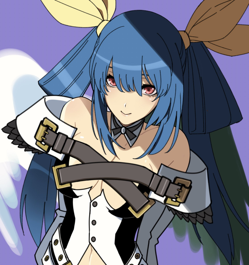 1girl angel_wings ark1478 asymmetrical_wings bare_shoulders blue_hair breasts cleavage dizzy_(guilty_gear) green_wings guilty_gear guilty_gear_xrd hair_ribbon hair_rings highres long_hair looking_at_viewer purple_background red_eyes ribbon simple_background twintails white_wings wings yellow_ribbon