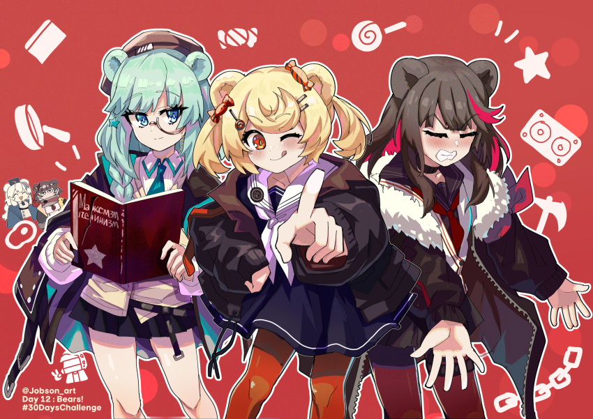 5girls :d ;q ^_^ animal_ears arknights bear_ears beret black_dress black_hair black_jacket black_sailor_collar black_serafuku black_shirt black_skirt blonde_hair blue_eyes blue_hair blue_jacket blush book braid brown_headwear brown_jacket candy_hair_ornament candy_wrapper chibi chibi_inset clenched_teeth closed_eyes closed_mouth commentary_request doctor_(arknights) dress feet_out_of_frame food-themed_hair_ornament fur-trimmed_jacket fur_trim grey_hair gummy_(arknights) hair_ornament hair_over_shoulder hairclip hat highres holding holding_book istina_(arknights) jacket jitome leto_(arknights) lollipop_hair_ornament long_sleeves looking_at_viewer multicolored_hair multiple_girls neckerchief nose_blush one_eye_closed open_book open_clothes open_jacket pantyhose pink_hair pleated_skirt pointing pointing_at_viewer puffy_long_sleeves puffy_sleeves red_background red_eyes red_hair red_pantyhose rosa_(arknights) russian_text sailor_collar sailor_dress school_uniform serafuku shirt single_braid skirt sleepyowl_(jobkung15) smile standing streaked_hair teeth tongue tongue_out twintails v-shaped_eyebrows white_dress white_jacket white_neckerchief white_sailor_collar white_shirt zima_(arknights)