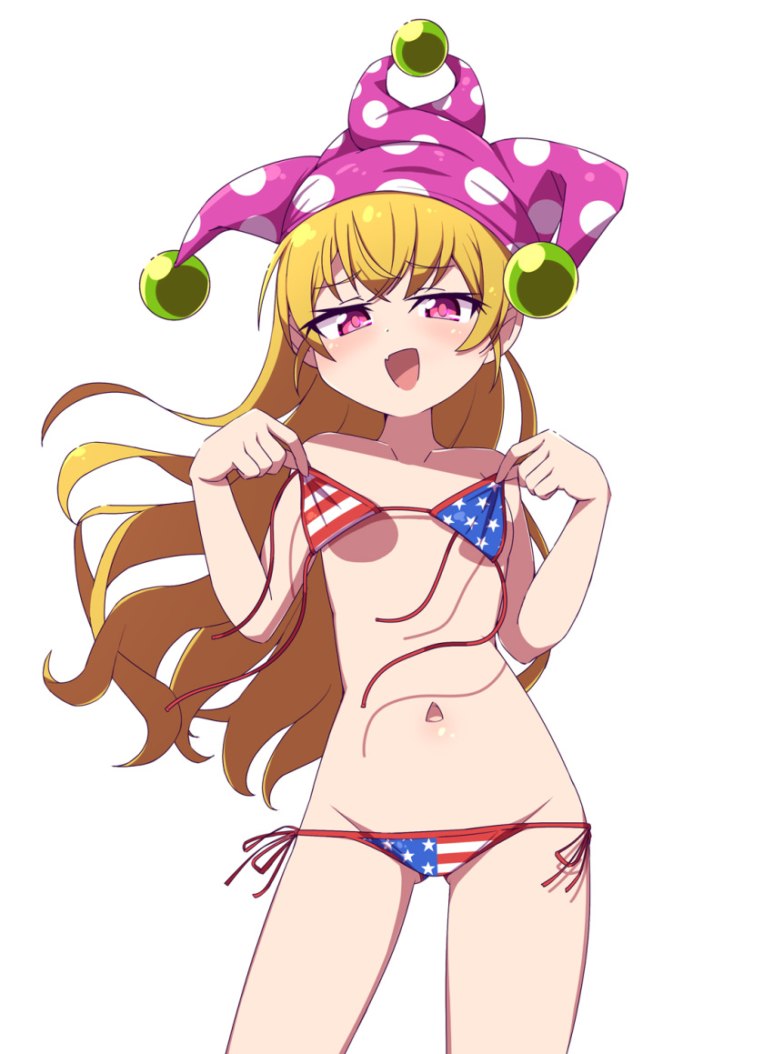 1girl :d american_flag_bikini bikini blush bra bra_removed clownpiece commentary_request contrapposto cowboy_shot flag_print flat_chest half-closed_eyes hat highres holding holding_bra holding_clothes holding_underwear jester_cap long_hair looking_at_viewer micro_bikini navel petite pink_eyes sabfish1229 simple_background smile solo swimsuit thigh_gap touhou underwear very_long_hair white_background