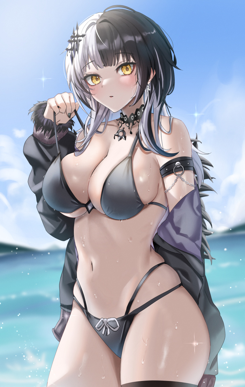 1girl absurdres arm_strap bikini bikini_under_clothes black_bikini black_choker black_hair black_jacket black_nails blue_sky blurry blurry_background breasts choker cloud commentary cowboy_shot cross cross_earrings day earrings english_commentary fingernails fur-trimmed_jacket fur_trim grey_hair highres hololive hololive_english jacket jacket_partially_removed jewelry lace lace_choker large_breasts light_blush long_fingernails long_sleeves looking_at_viewer multi-strapped_bikini_bottom multicolored_hair nail_polish navel ocean open_clothes open_jacket outdoors parted_lips shiori_novella skindentation sky solo sparkle split-color_hair stomach strap_pull swimsuit thigh_strap virtual_youtuber water wet ybpac18 yellow_eyes